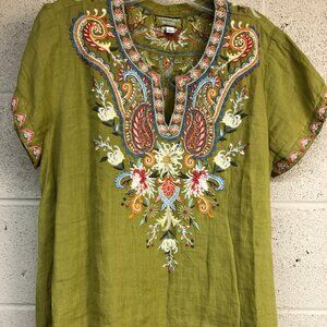 Johnny Was Workshop Green Embroidered Shirt Ladies Size Large